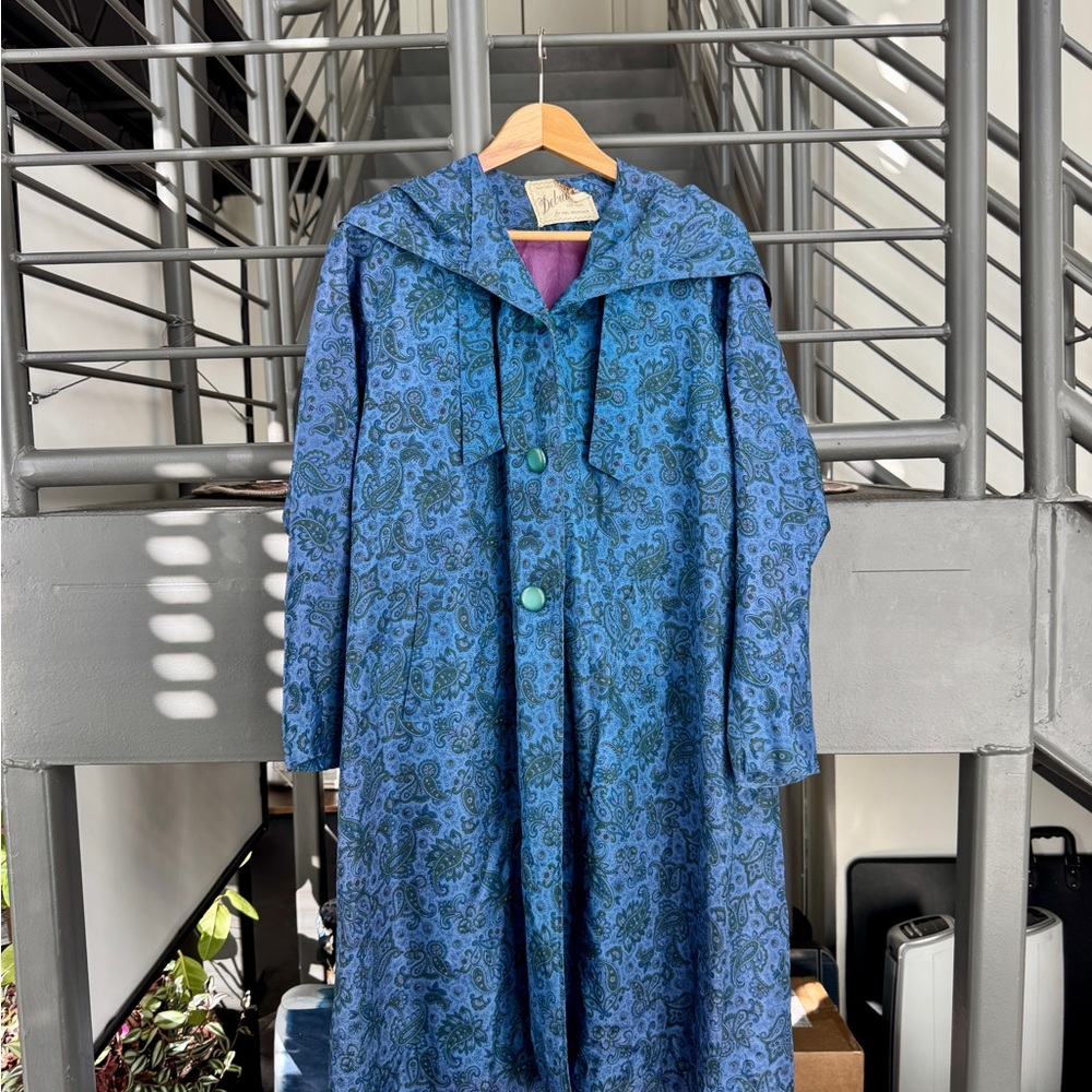 Vintage Mid Century Blue Patterned Hooded Rain Coat